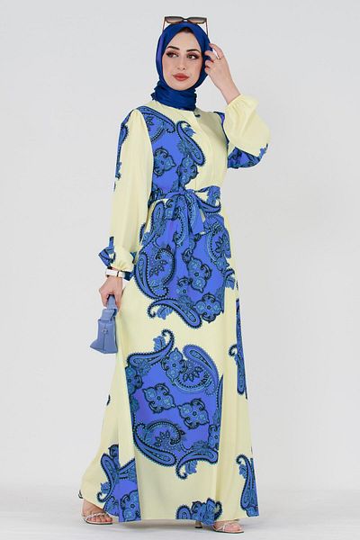 Sevitli Hidden Button Shawl Pattern Dress-blue