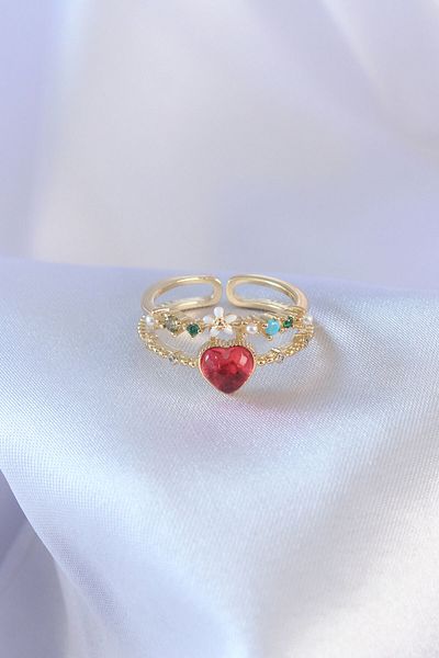SeyCey.co Gold Color Red Zircon Stone Heart Model Brass Women's Ring