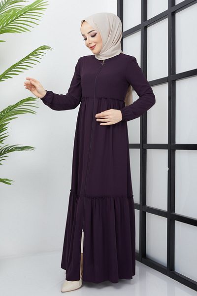 hafsamina Plum Abaya με λεπτομέρεια βολάν