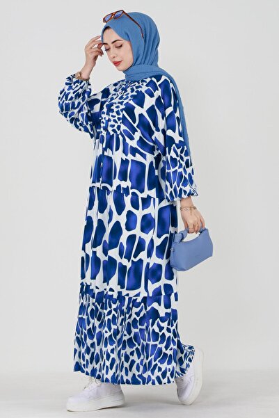 Sevitli Φόρεμα Zümra Robalı με μισό κουμπί βισκόζης-Μπλε