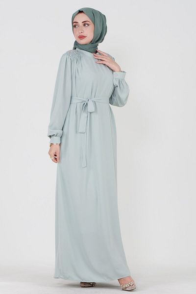 Sevitli Embroidered Shoulder Waist Belted Hijab Dress-Mint Green