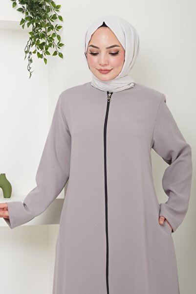 hafsamina Beige Large Size Zippered Ferace - HM2488