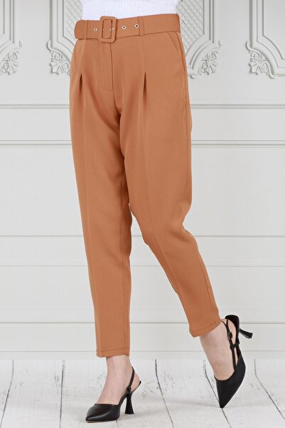 Sevitli Camel Colored Pleated Pencil Pants - Waist Belt