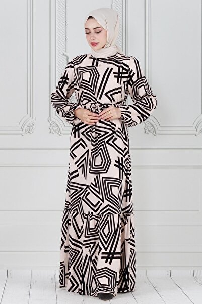 Sevitli Φόρεμα Viscon σε χρώμα πούδρας με γεωμετρικό σχέδιο - με τούνελ μέσης