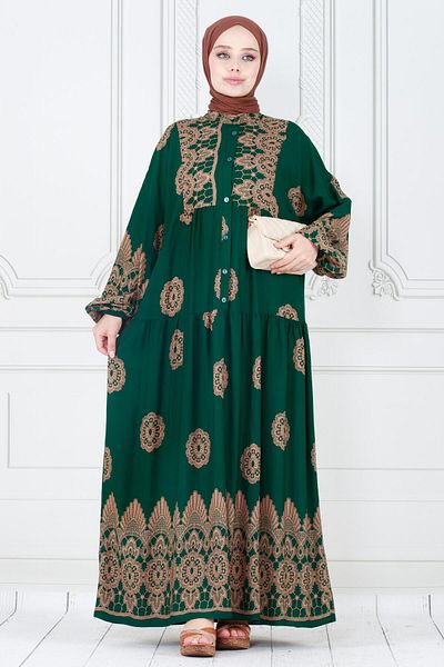 Sevitli Green Viscon Hijab Dress - Motif Pattern and Robe