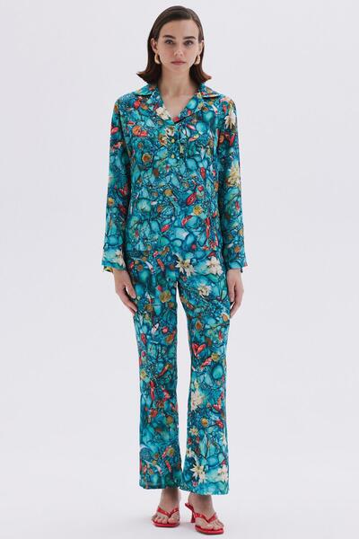 Feu De Elu Monet's Bond Desenli Uzun Saten Pijama Takımı