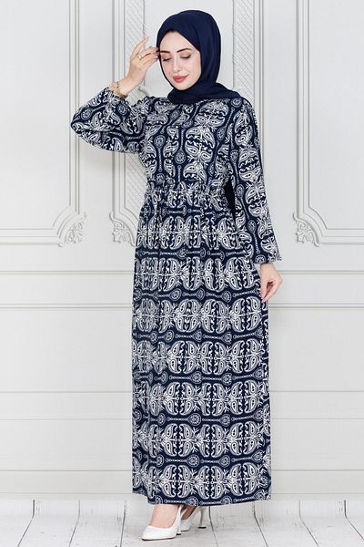Sevitli Navy Blue Viscose Dress - Shawl Pattern and Waist Tunnel