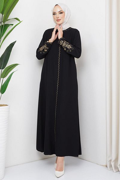 hafsamina Embroidered Plus Size Abaya Black HM2307