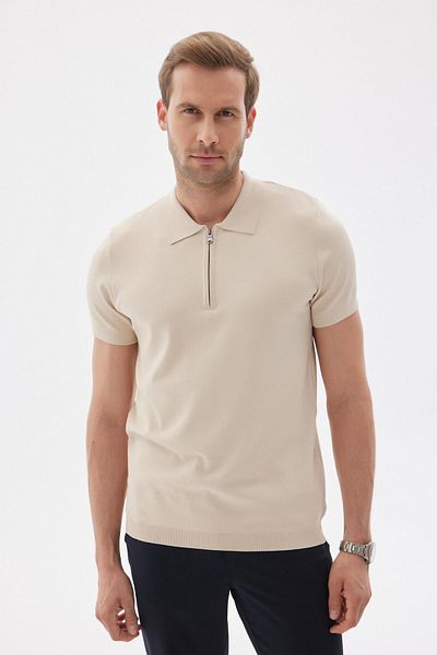 odelon Πλεκτό μπλουζάκι Polo Neck Rayon σε μπεζ χρώμα - με φερμουάρ