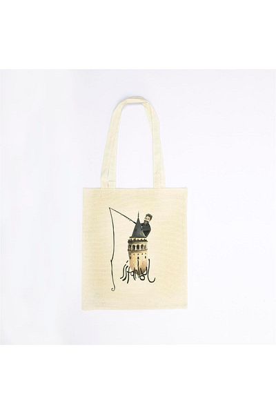 Anadolia Galata Tower and Fishing Rod - Raw Cloth Bag