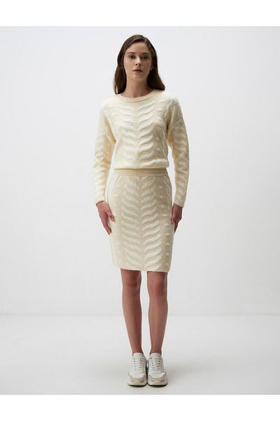 Jimmy Key Light Yellow High Waist Herringbone Patterned Mini Knitwear Skirt
