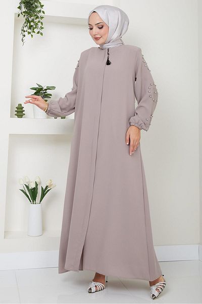hafsamina Beige Ferace - Stone Detailed Arm, HM2494