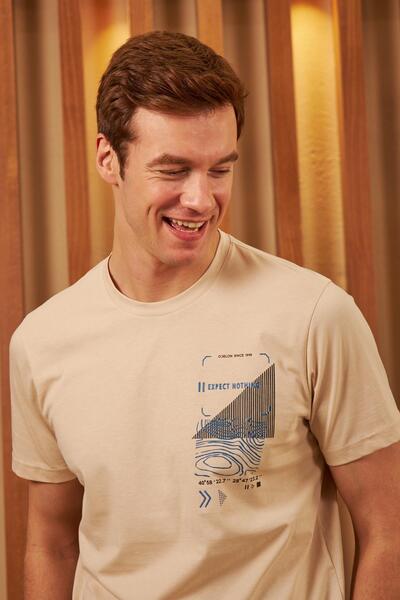 odelon Men's Beige T-shirt - Comfort Fit, Printed, Mars16