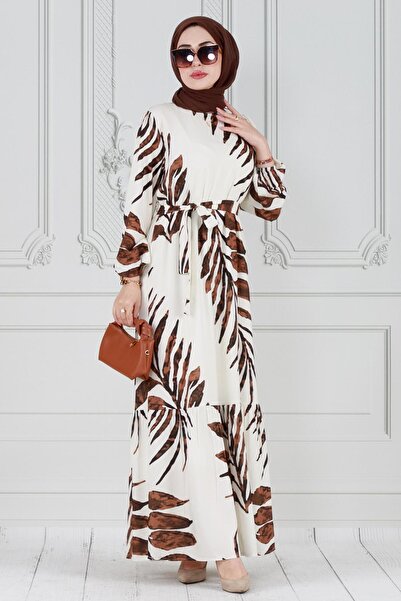 Sevitli Rochie maro din viscoza - imprimeu palmier si fusta cu volane