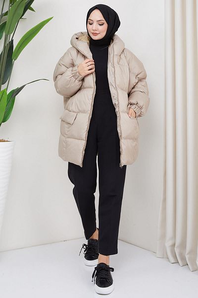 hafsamina Φουσκωτό παλτό με κουκούλα Oversize Μπεζ HM2314