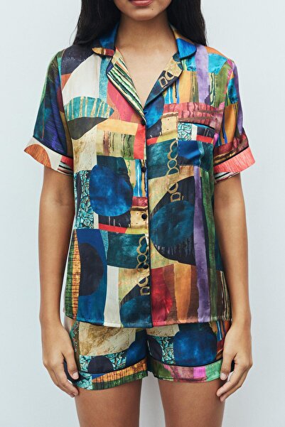 Feu De Elu Amoureux Coloré Desenli Kısa Saten Pijama Takımı
