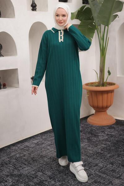 hafsamina Gömlek Yaka Triko Elbise Zümrüt HM2521