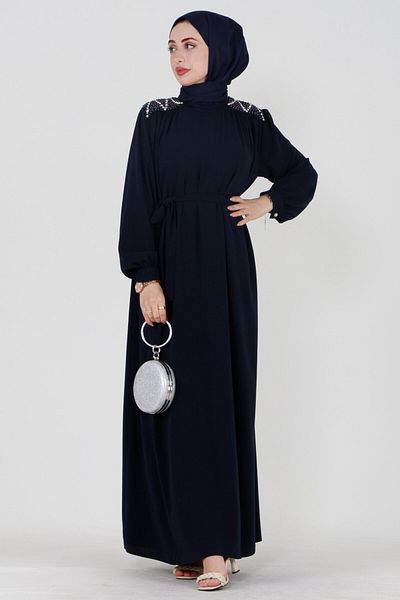 Sevitli Embroidered Shoulder Waist Belted Hijab Dress-Navy Blue