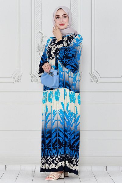 Sevitli Navy Blue Leaf Printed Viscose Dress