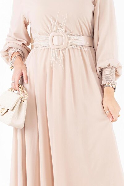 Sevitli Φόρεμα σιφόν με λάστιχο στο μανίκι-Μπεζ