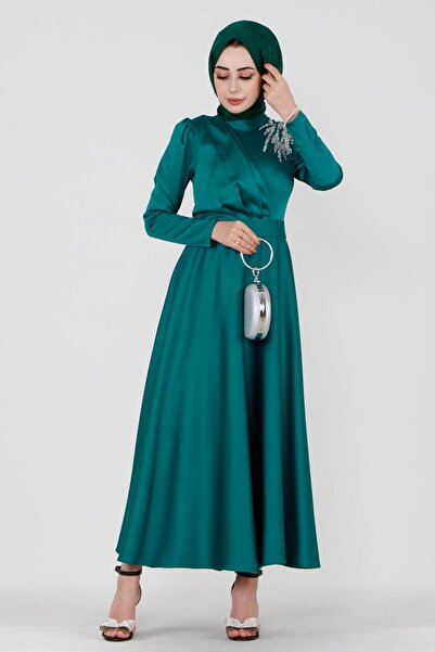 Sevitli Βραδινό φόρεμα από σατέν με πέτρα μπροστά με τύπωμα - Τυρκουάζ