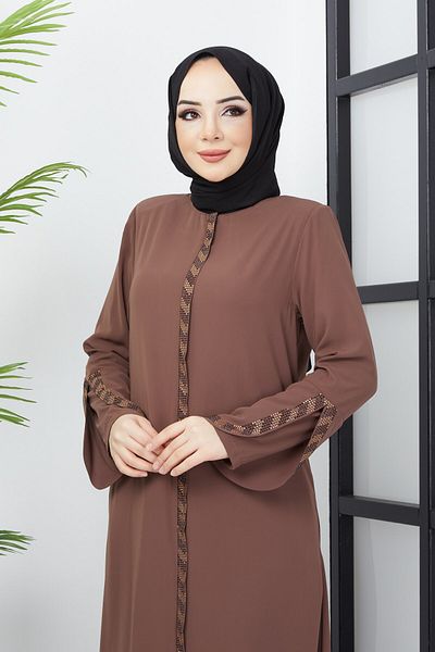 hafsamina Large Size Stone Detailed Tan Abaya