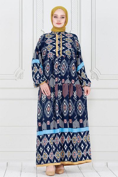Sevitli Navy Blue Ikat PatterneD Half ButtoneD Robe Dress