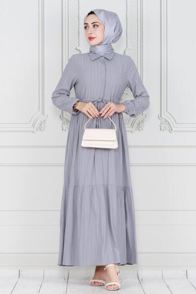 Sevitli Γκρι Φόρεμα Sare - Πουκάμισο γιακά και τούνελ μέσης