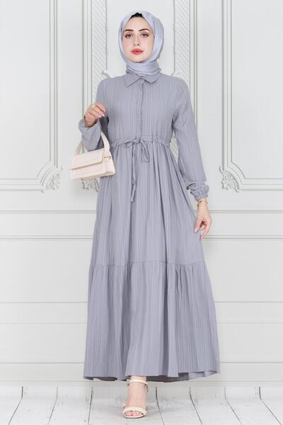 Sevitli Γκρι Φόρεμα Sare - Πουκάμισο γιακά και τούνελ μέσης