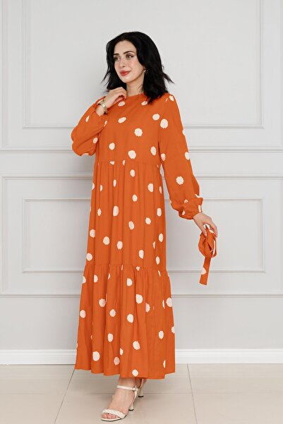 Sevitli Πορτοκαλί φόρεμα Σεπτεμβρίου - Πουά και φύλλο