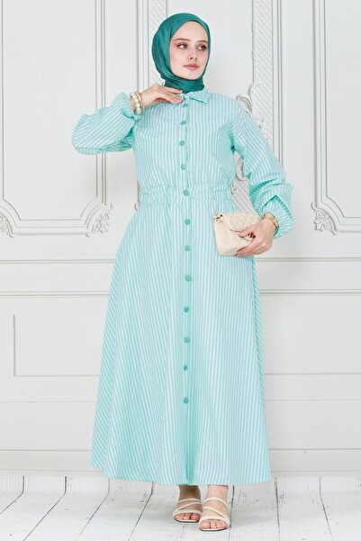 Sevitli Buttoned Striped Dress-Green