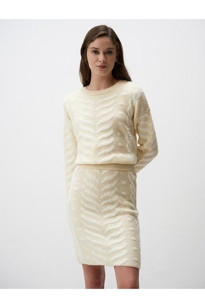 Jimmy Key Light Yellow High Waist Herringbone Patterned Mini Knitwear Skirt