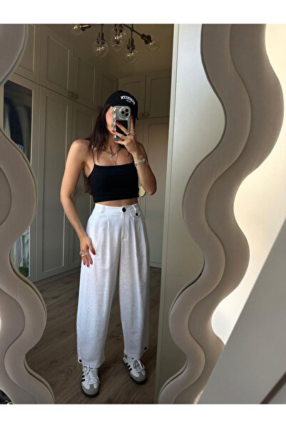 Bade Butik Ekru Paçası Düğmeli Keten Pantolon