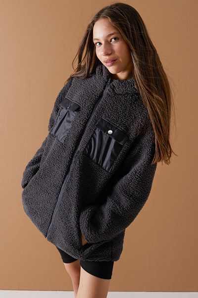 Cansın Mini Cardigan de pluș pentru fete - afumat, buzunar la piept, glugă - 19500