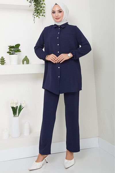 hafsamina Διπλό Σετ Navy Blue Aerobin - HM2470 με Πουκάμισο δαπέδου