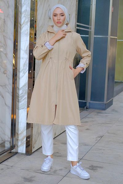 hafsamina Stripe Detailed Trench Coat Beige HM2283