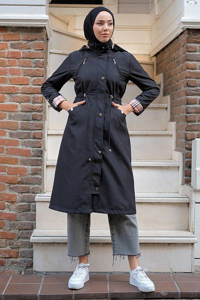 hafsamina Zippered and Tied Trench Coat Black HM2261