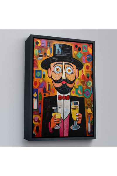 Oxyteez Tablou de bărbat cu mustață care oferă o băutură cu cadru de lemn-8003