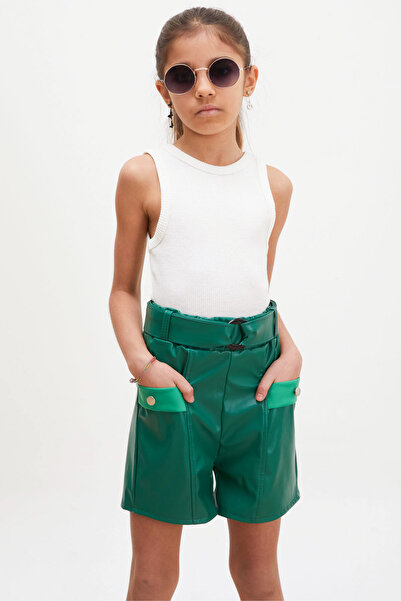 Cansın Mini Green Belted Girl's Leather Shorts with Front Pocket 18220