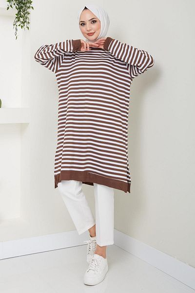 hafsamina HM2418 Model Brown Striped Combed Cotton Tunic