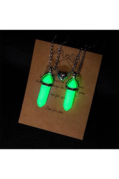 Köstebek Green Crystal Magnetic Heart Double Silver Necklace