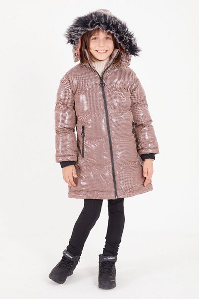 Cansın Mini Girl's Hexagon Patterned Beige Puffer Coat 16274