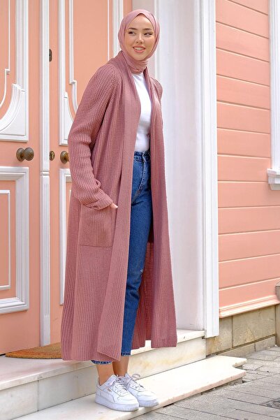 hafsamina Şal Yaka Cepli Triko Hırka Gül Kurusu HM2243