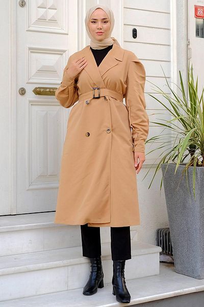 hafsamina Sleeve Pleated Trench Coat Camel HM2260