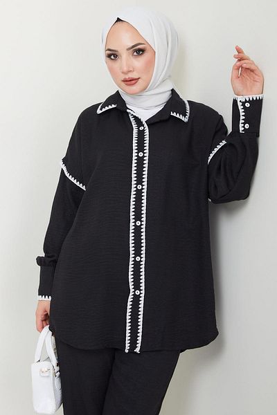 hafsamina Black Embroidered Double Suit - HM2491