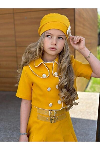 KOKOŞ BEBEK Kokoş Belt Detailed Skirt, Double Collar Detailed Shirt and Bow Hat Included Set |   Between 3/5 Years