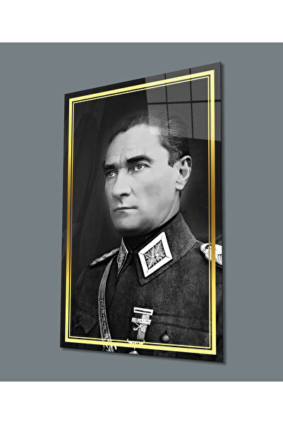 Home Gold Şerit Siyah Beyaz Atatürk Üniformalı Cam Tablo, Uv Baskılı ve Tempe...