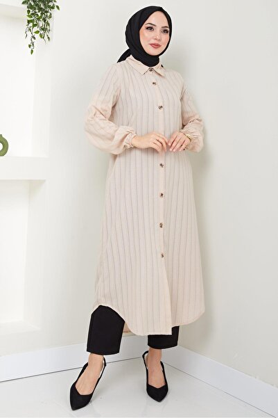 hafsamina Yazlık Uzun Pamuklu Tunik Krem HM2109