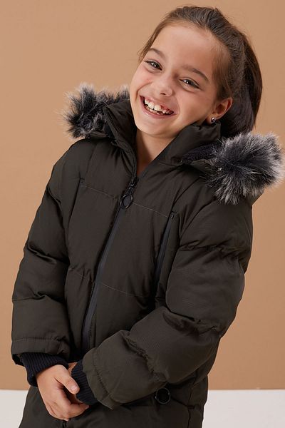 Cansın Mini Khaki Girl's Puffer Jacket - Fur Detailed, Model 19132