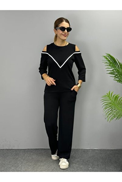 Nnstartshopping Women's Imported Twist Fabric Long Sleeve Shoulder Low-Cut Blouse and Trousers Double Set